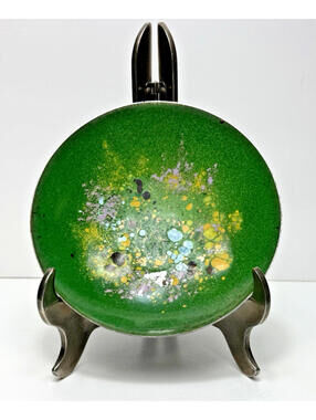 Vtg MCM Enameled Copper Small Bowl Green Blue Yellow Pinks Flecked Splatter